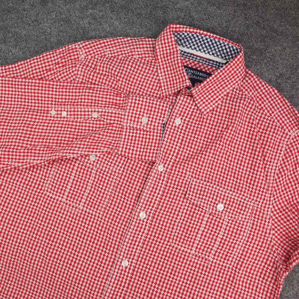 Canterbury of New Zealand Shirt Mens Large Red White Gingham Houndstooth Casual